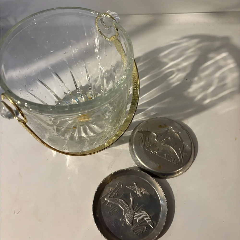 Vintage Glass Ice Bucket with Silver Coasters